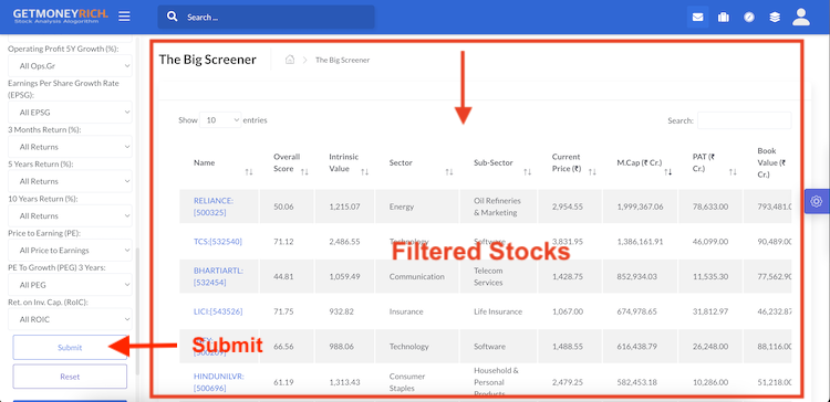 The Big Screener - Right Side - Filtered Stocks2